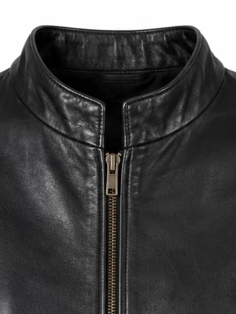 Women's black sheepskin leather jacket, zip and closure detail