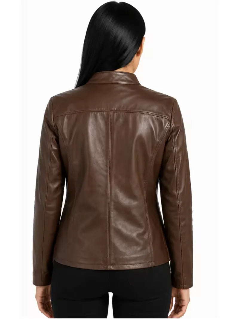 Women's black sheepskin leather jacket, collar detail