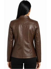 Women's black sheepskin leather jacket, collar detail