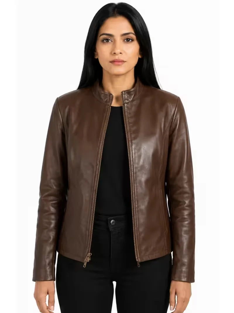 Women's black sheepskin leather jacket, side view