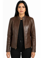 Women's black sheepskin leather jacket, side view