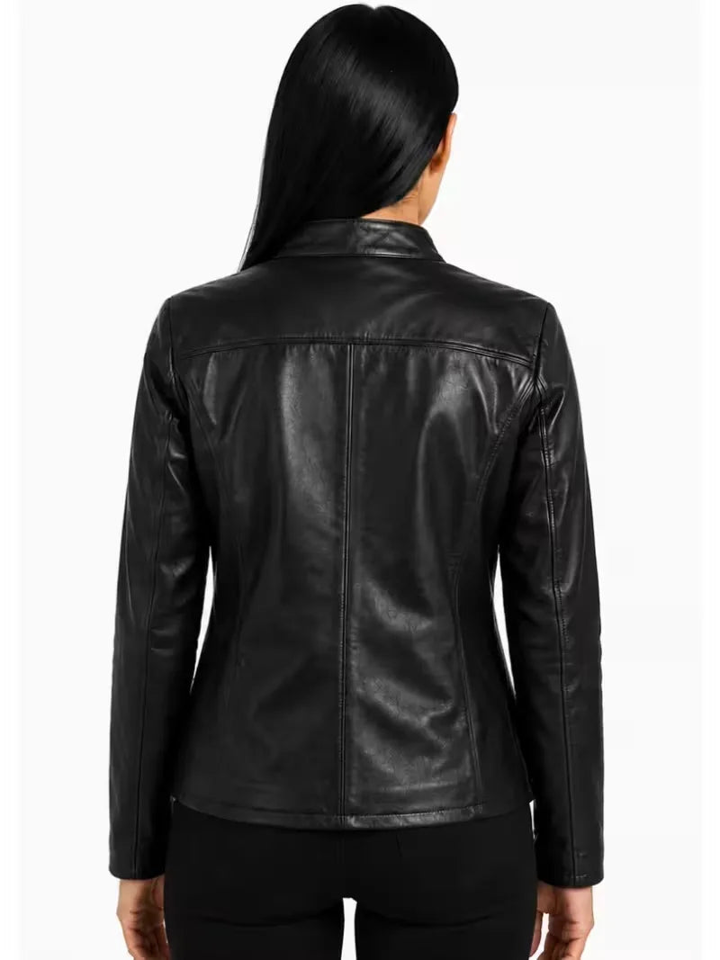 Women's black sheepskin leather jacket, back view