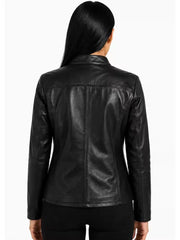 Women's black sheepskin leather jacket, back view