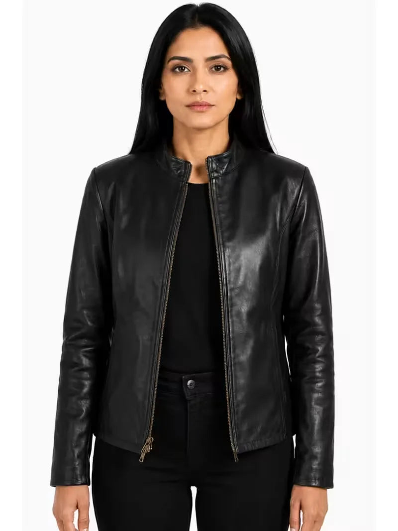 Women's black sheepskin leather jacket, front view