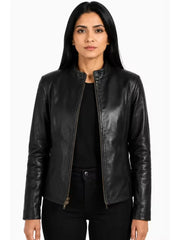 Women's black sheepskin leather jacket, front view