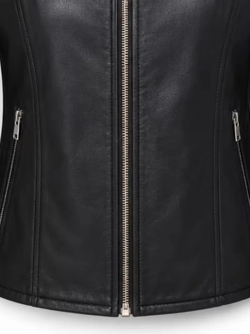 Women's black premium real leather jacket, pocket detail