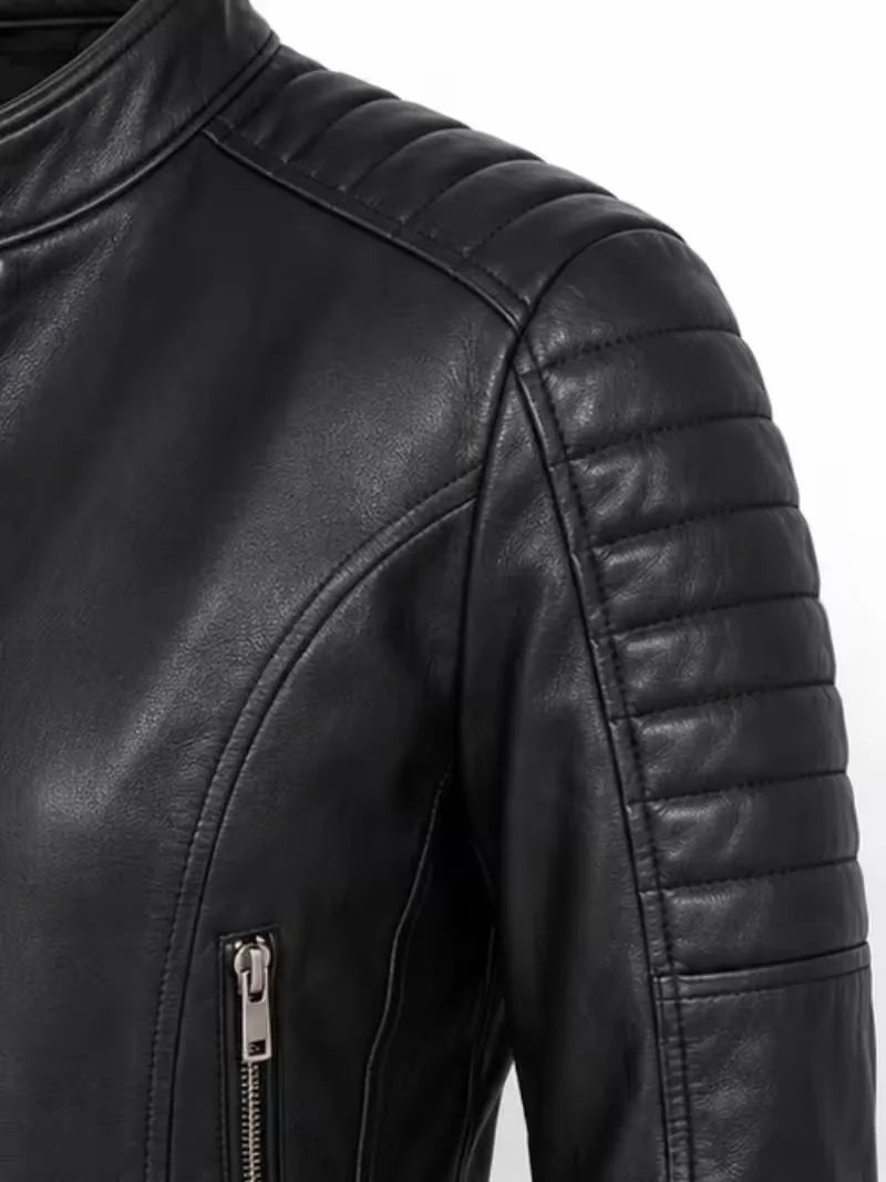 Women's black premium real leather jacket, cuff detail