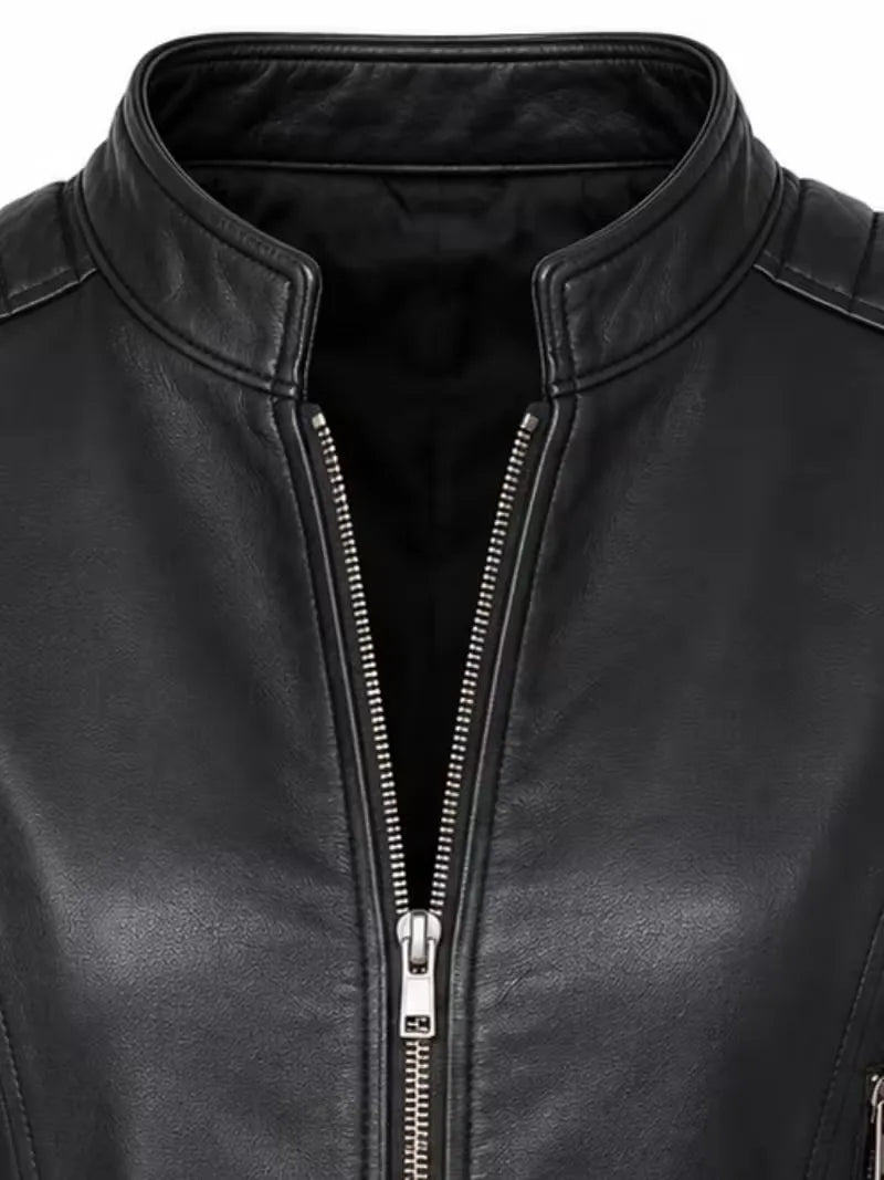 Women's black premium real leather jacket, zip and closure detail
