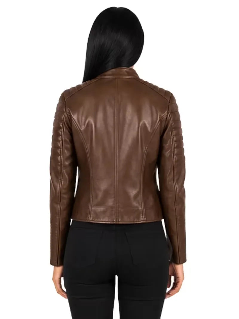 Women's black premium real leather jacket, collar detail