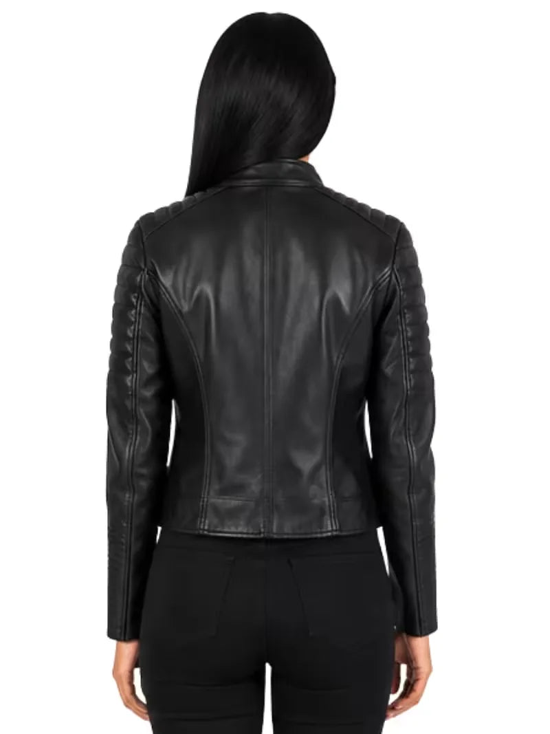 Women's black premium real leather jacket, back view