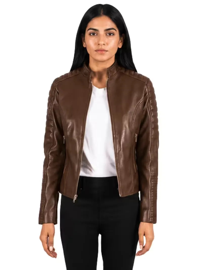 Women's black premium real leather jacket, side view