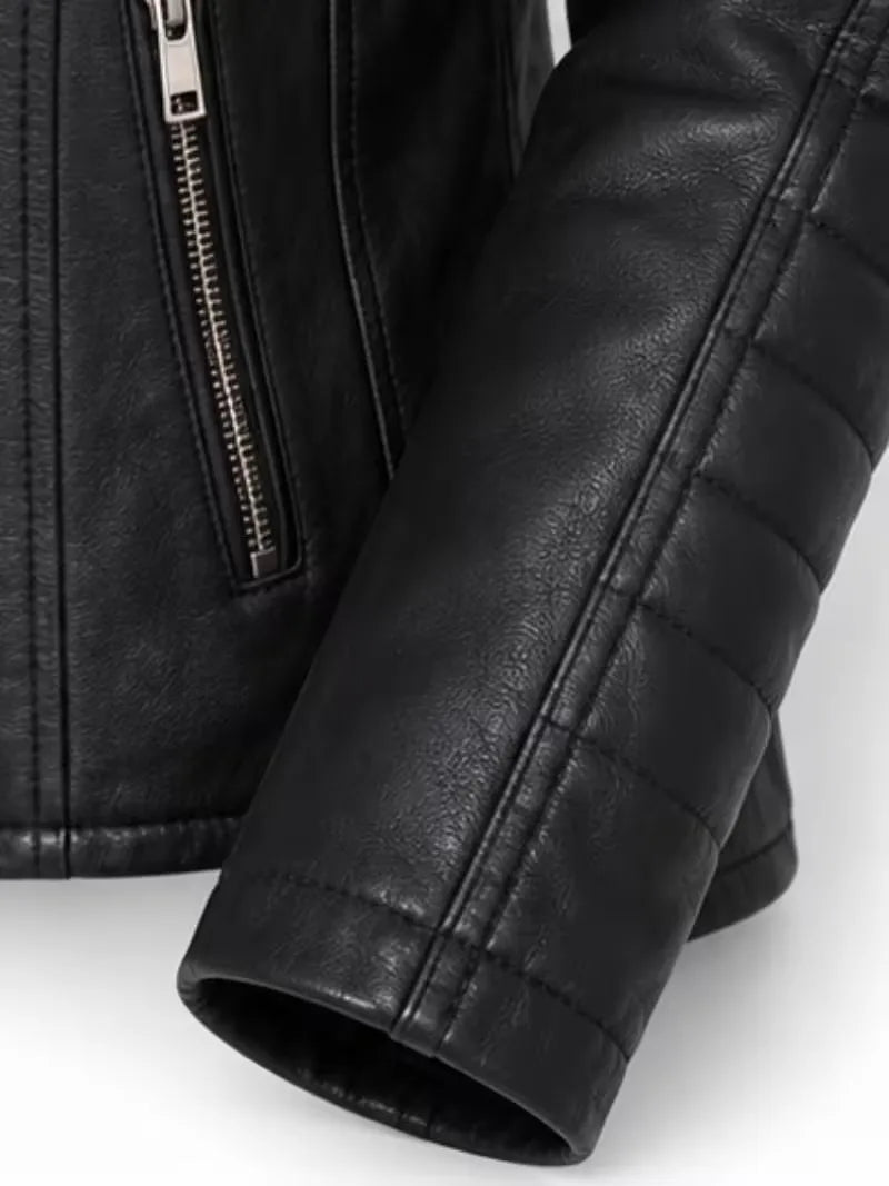 Women's black premium real leather jacket, lining detail