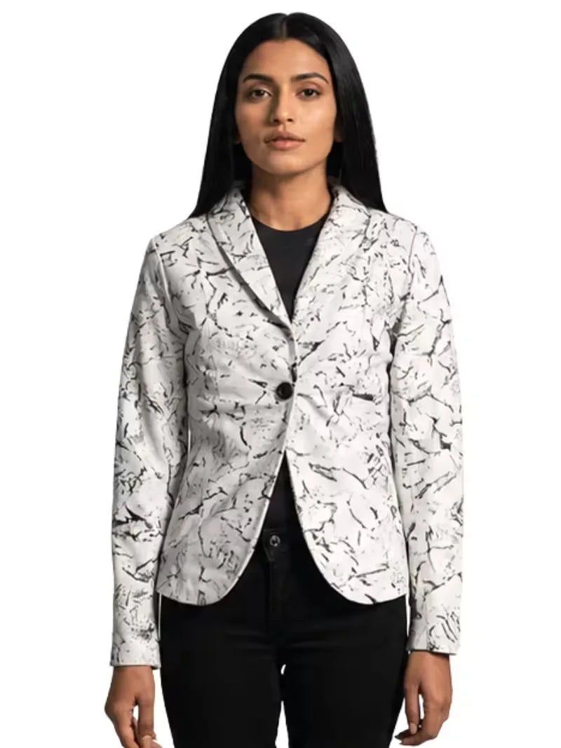 Women's black premium real leather blazer, front view