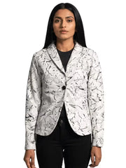 Women's black premium real leather blazer, front view