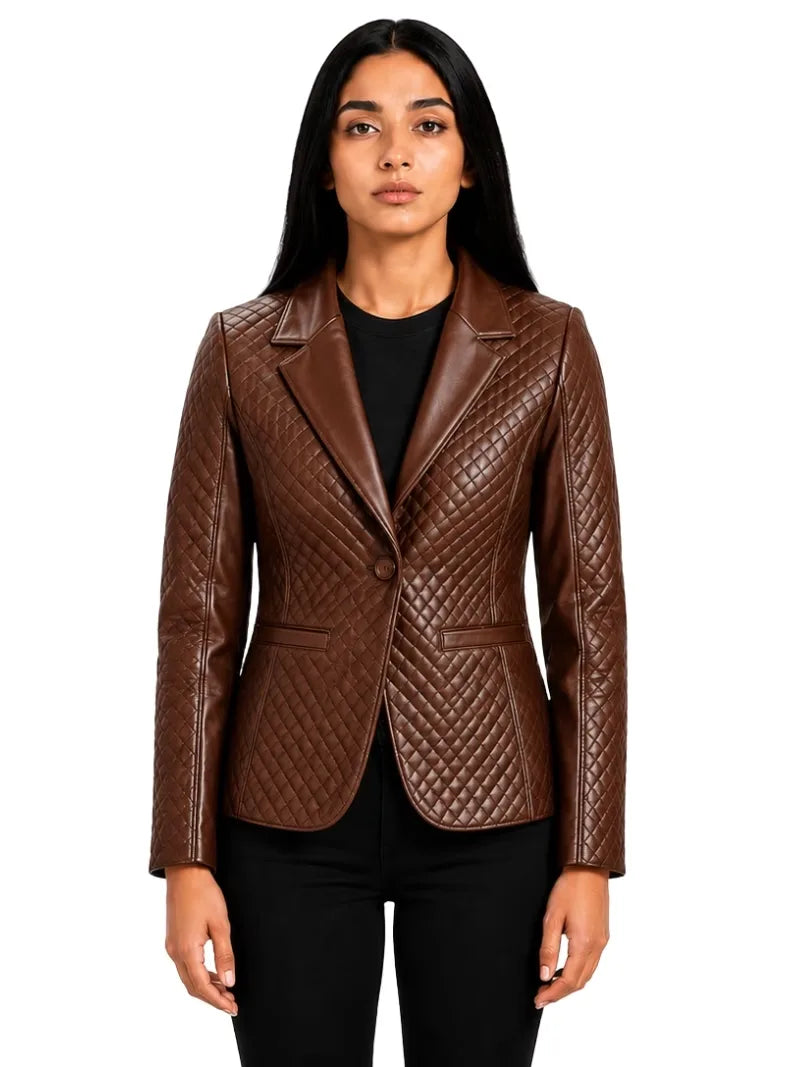 Women's black sheepskin leather blazer, side view