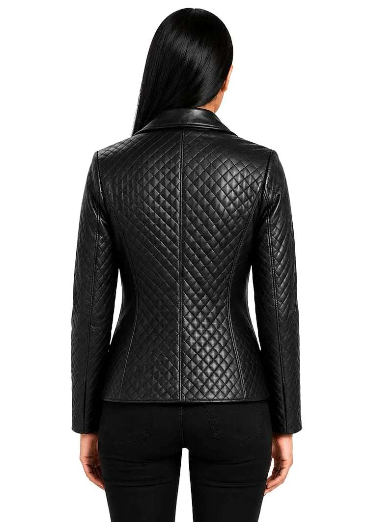 Women's black sheepskin leather blazer, back view