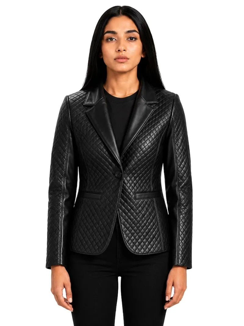 Women's black sheepskin leather blazer, front view