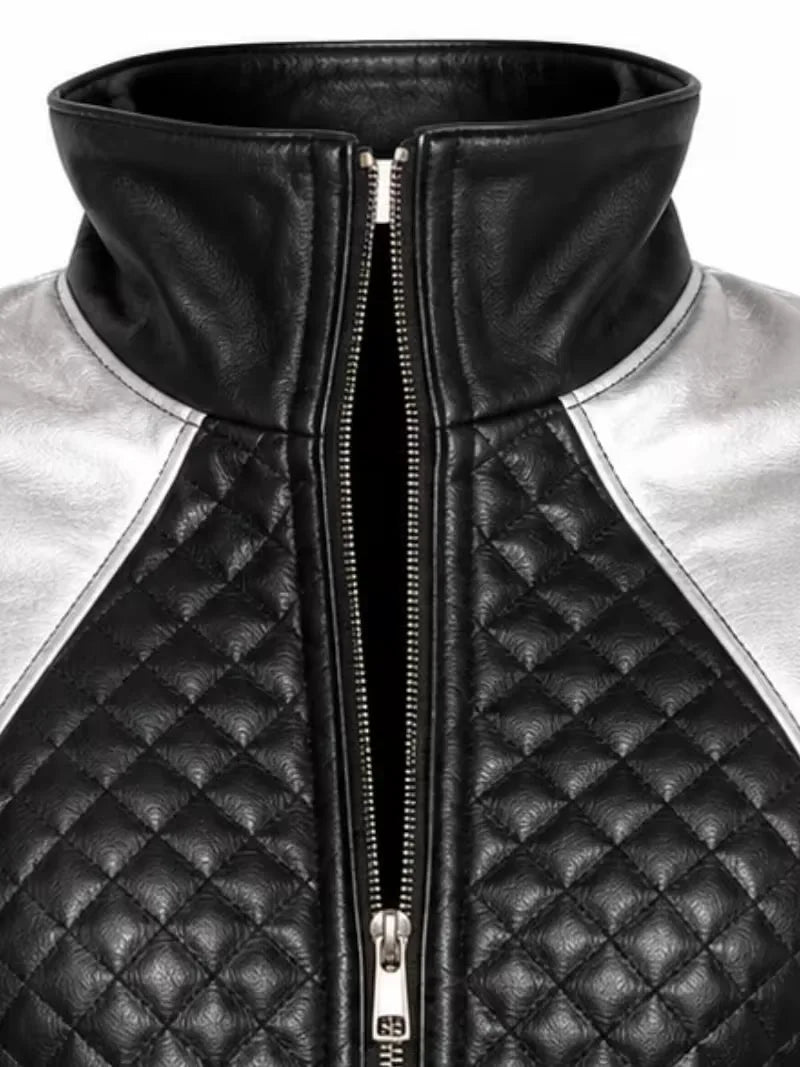 Women's black sheepskin leather jacket, zip and closure detail