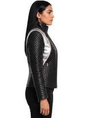 Women's black sheepskin leather jacket, side view