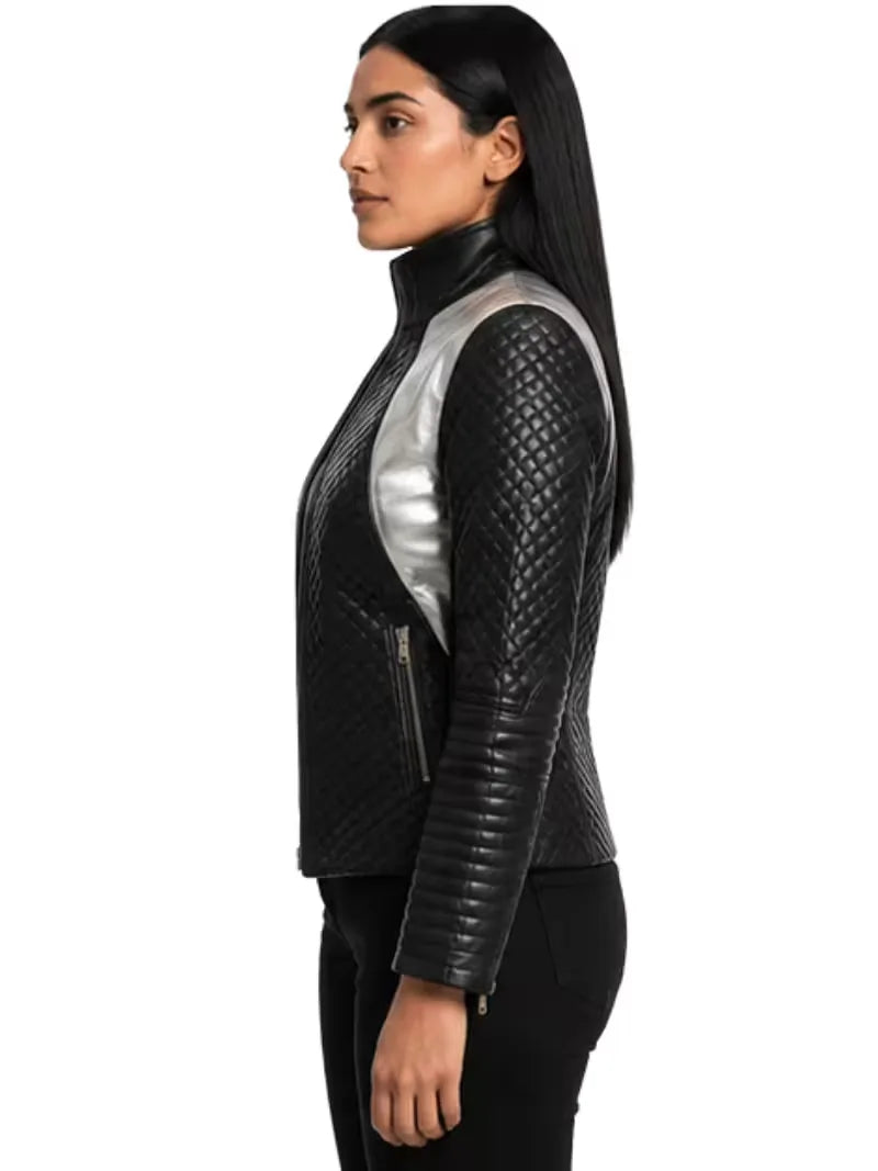 Women's black sheepskin leather jacket, collar detail