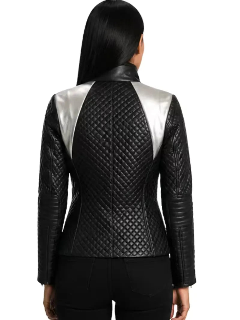 Women's black sheepskin leather jacket, back view