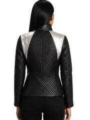 Women's black sheepskin leather jacket, back view