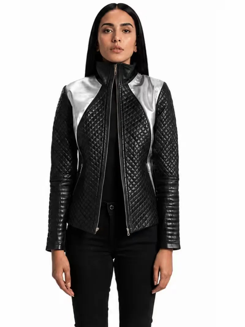 Women's black sheepskin leather jacket, front view