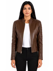 Women's brown sheepskin leather jacket, side view