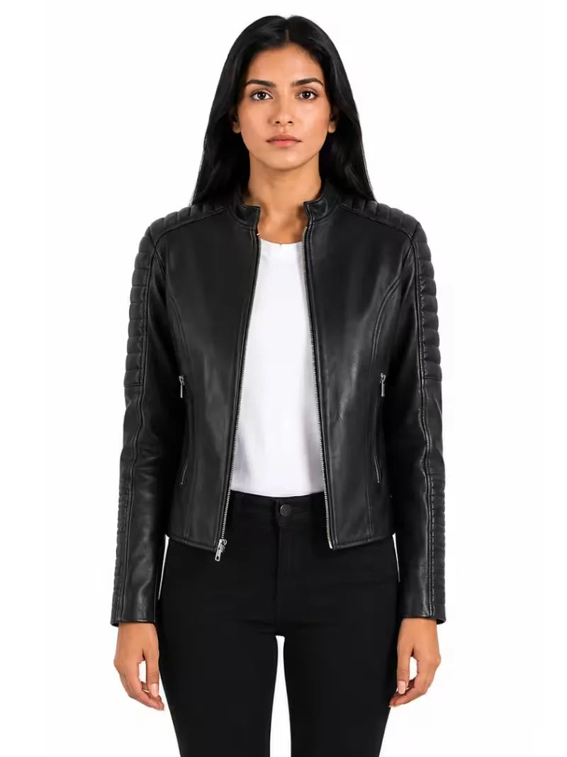 Women's brown sheepskin leather jacket, front view