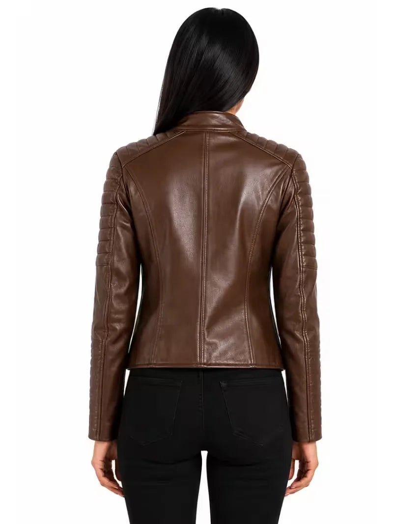 Women's brown sheepskin leather jacket, collar detail