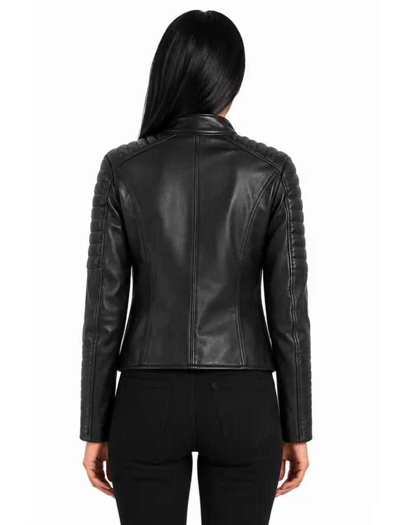 Women's brown sheepskin leather jacket, back view