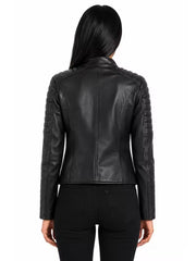 Women's brown sheepskin leather jacket, back view
