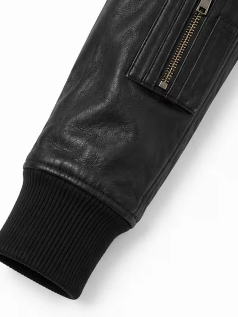 Women's black sheepskin leather jacket, lining detail
