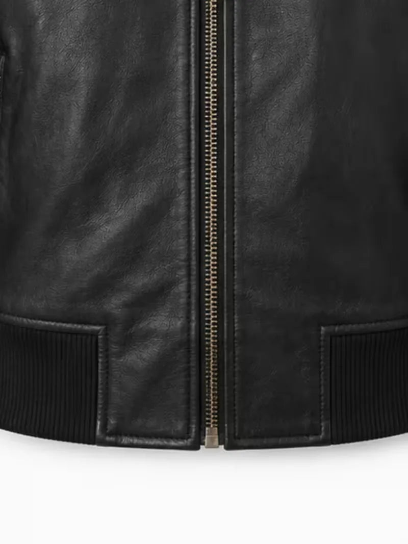 Women's black sheepskin leather jacket, pocket detail