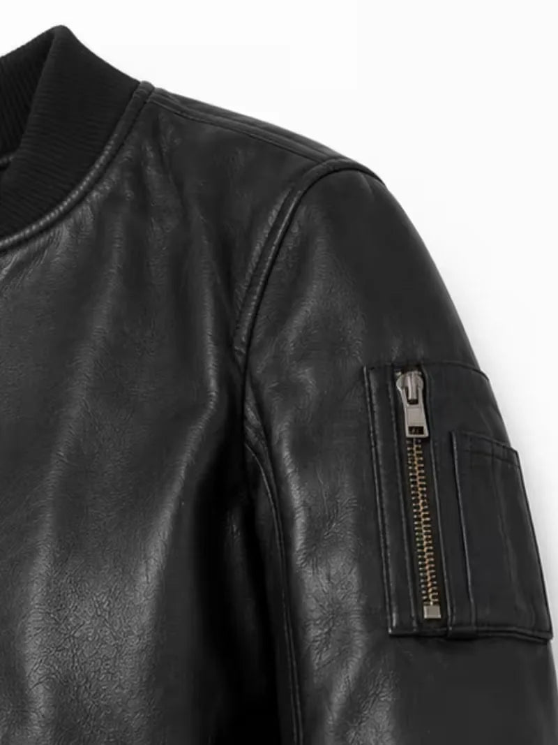 Women's black sheepskin leather jacket, cuff detail