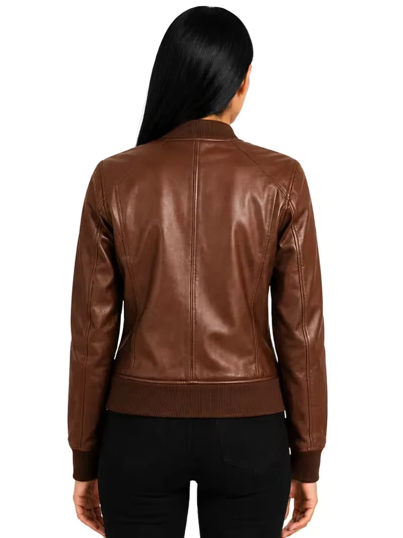 Women's black sheepskin leather jacket, collar detail