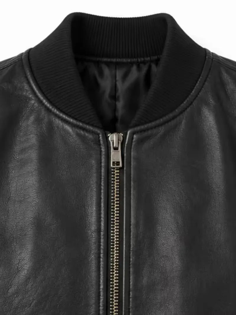 Women's black sheepskin leather jacket, zip and closure detail