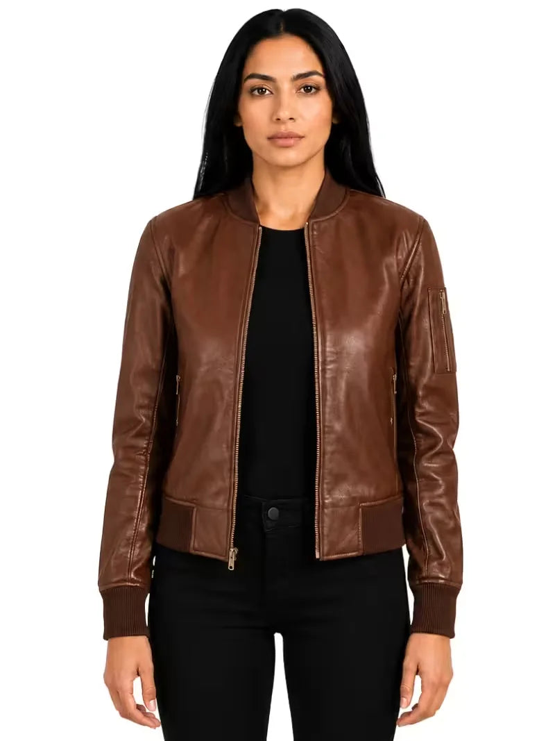Women's black sheepskin leather jacket, side view