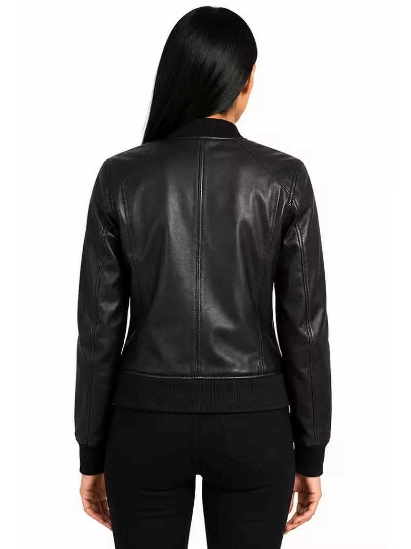 Women's black sheepskin leather jacket, back view