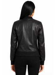 Women's black sheepskin leather jacket, back view