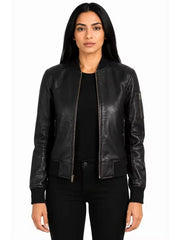Women's black sheepskin leather jacket, front view