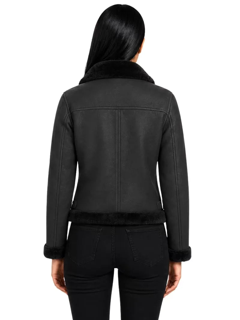 Women's black leather shearling leather jacket, back view