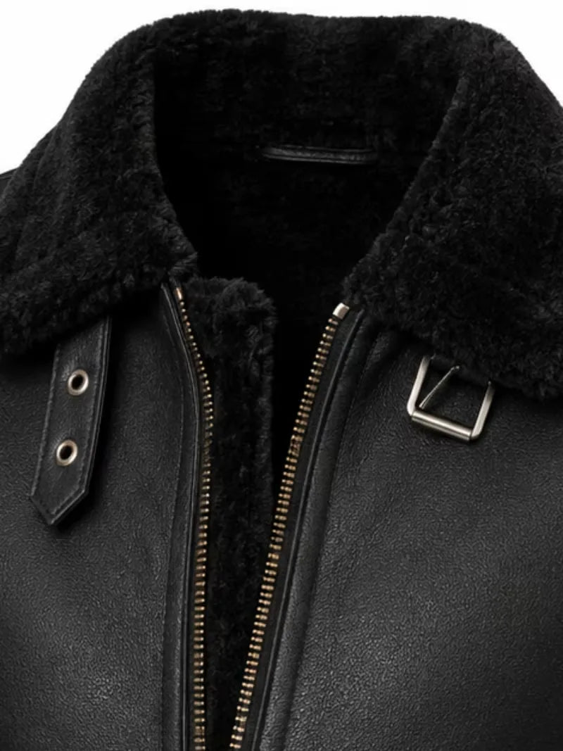 Women's black leather shearling leather jacket, zip and closure detail