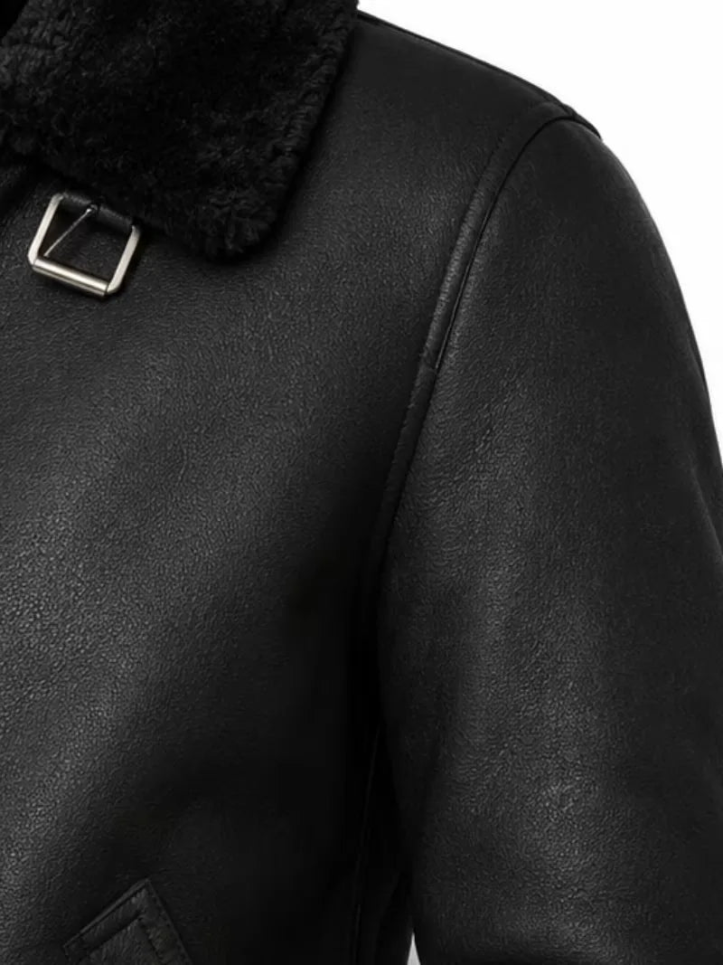 Women's black leather shearling leather jacket, cuff detail