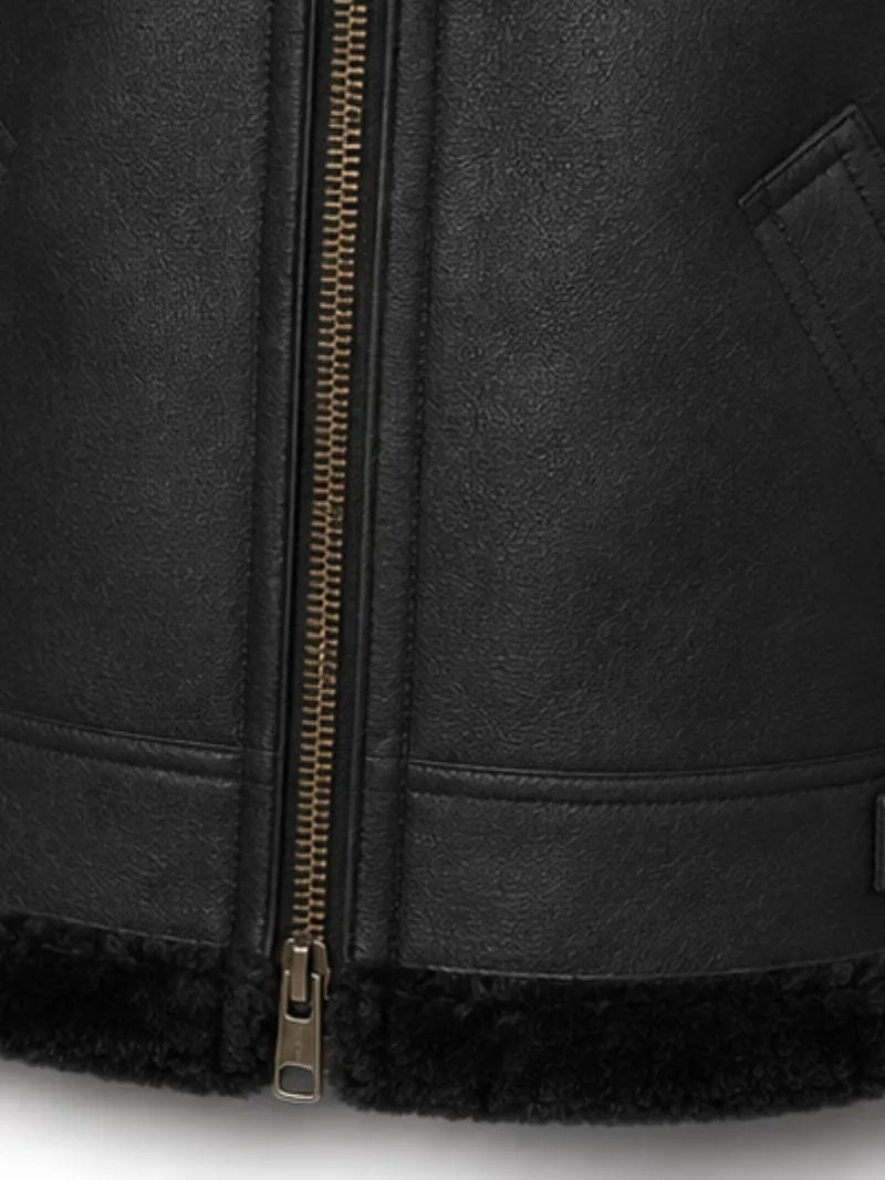 Women's black leather shearling leather jacket, lining detail