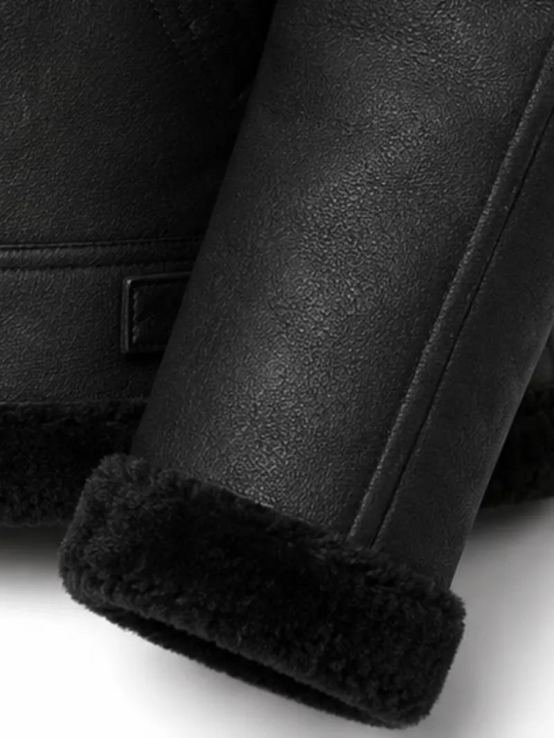 Women's black leather shearling leather jacket, pocket detail