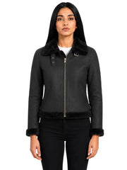 Women's black leather shearling leather jacket, front view
