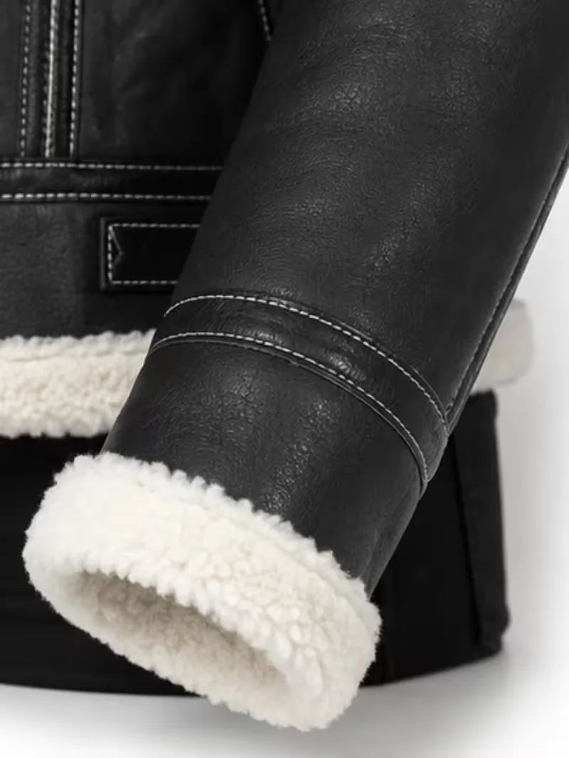 Women's black leather shearling leather jacket, lining detail