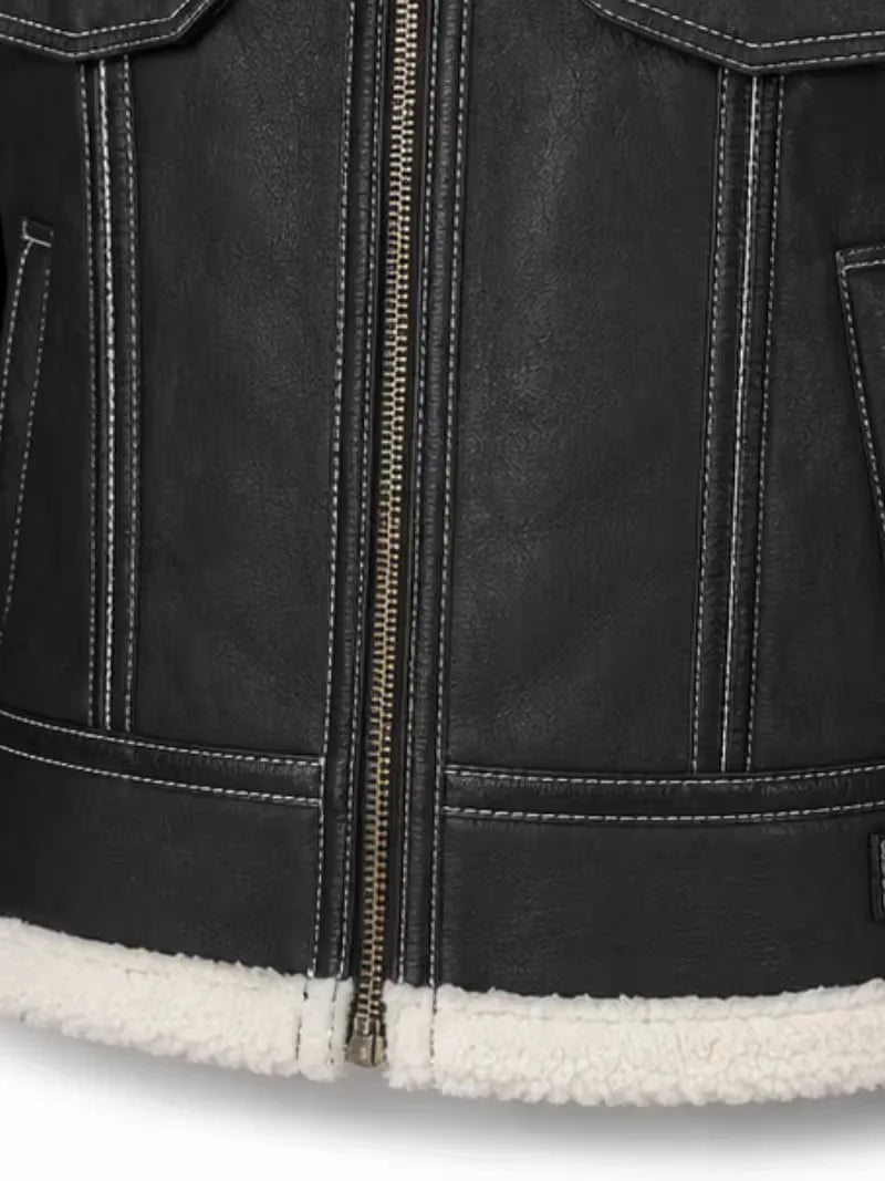 Women's black leather shearling leather jacket, pocket detail