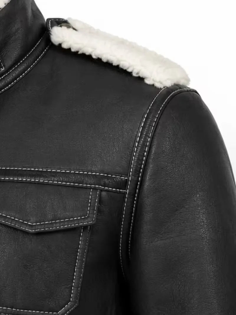 Women's black leather shearling leather jacket, cuff detail